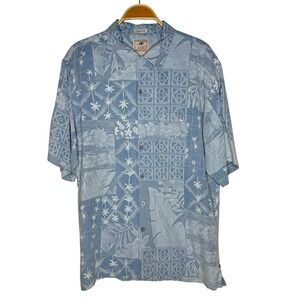 LUAU Mens Silk Hawaiian Aloha Shirt Blue Palm Tree Floral Patchwork Print Size M